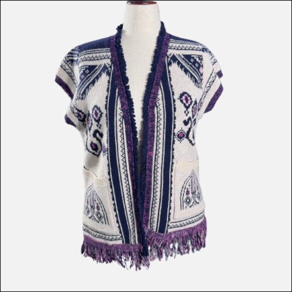 Anthropologie Angel of the North Wool Beige Plum Fringe Poncho Vest Cardigan - Picture 2 of 13